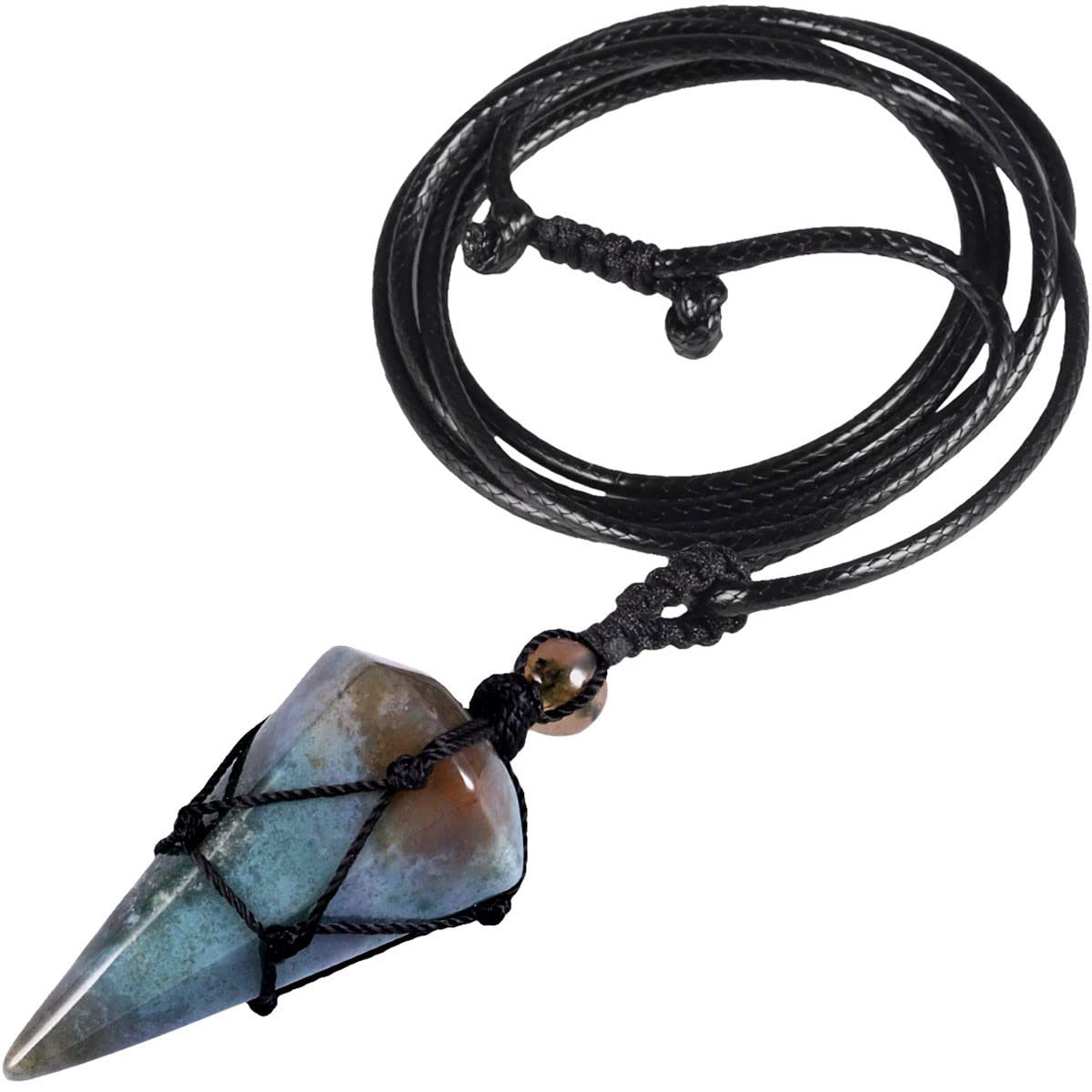 KYEYGWO Hexagonal Crystal Pendant with Adjustable Leather Cord, Polished Pointed Quartz Stone Healing Necklace Reiki Pendulum Chain, Indian Agate