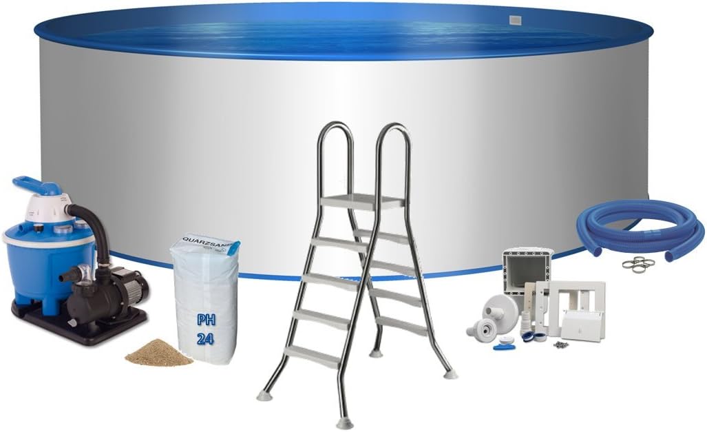 Pool Premium Round Mould Diameter 4.5 x 1.2 m Steel Wall 0.6 mm Blue 0.6 mm/Stainless Steel, 2 x 4 Steps with Platform Sand Filter System 5 with 5.5 m³/h Quartz Filter Sand 25 kg 0.7 to 1.2 Grain Hose Connection Kit with Hose Clamps