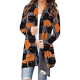 BOUTIKOME Women's Halloween Cat Pumpkin Cardigan Long Sleeve Open Front Knit Outwear Over Coats Plus Size Knit Sweater Top