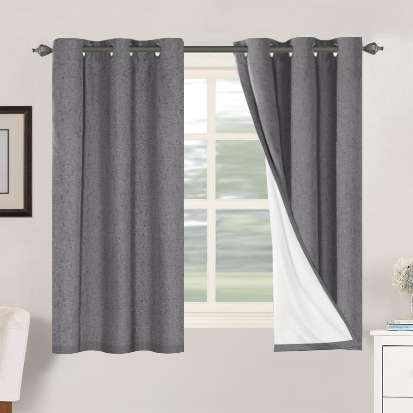 BellaHills 100% Blackout Curtains Faux Linen Eyelet Curtains for Bedroom Living Room Thermal Insulated Burlap Eyelet Curtain & Drapes 2 Panels, 46 x 54 Inch, Grey