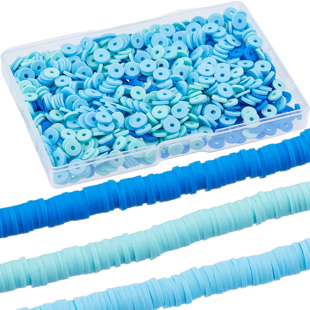 SUNNYCLUE 1 Box 1000PCS+ 6mm Blue Heishi Beads Round Clay Bead Small Refill Polymer Light Blue Flat Disc Vinyl Spacer Loose Bead for Jewellery Making DIY Bracelets Necklace Chocker Craft Supplies