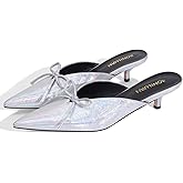 RONILURN Kitten Heels for Women Heeled Mules Stiletto Pumps Bow Closed Toe Pointed Toe Low Heel Slip on Fashion Metallic Backless Prom Party Dressy
