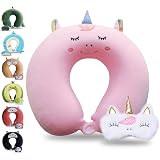 Sexysamba Cartoon Headrest & Neck Pillow for Kids Boys & Girls, Teens, Travel Accessories for Airplane, Car, Recline, Memory Foam Cute Travel Pillow with Sleep Eye Mask - Pink Unicorn