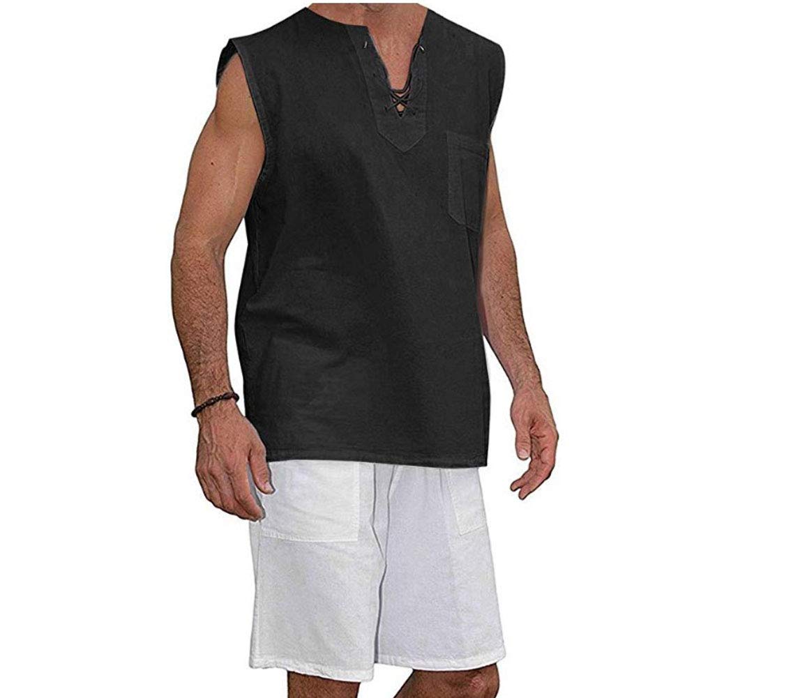 Mens T Shirt Cotton Tee Hippie Shirts - Fashion V-Neck Drawstring Beach Yoga Top Black