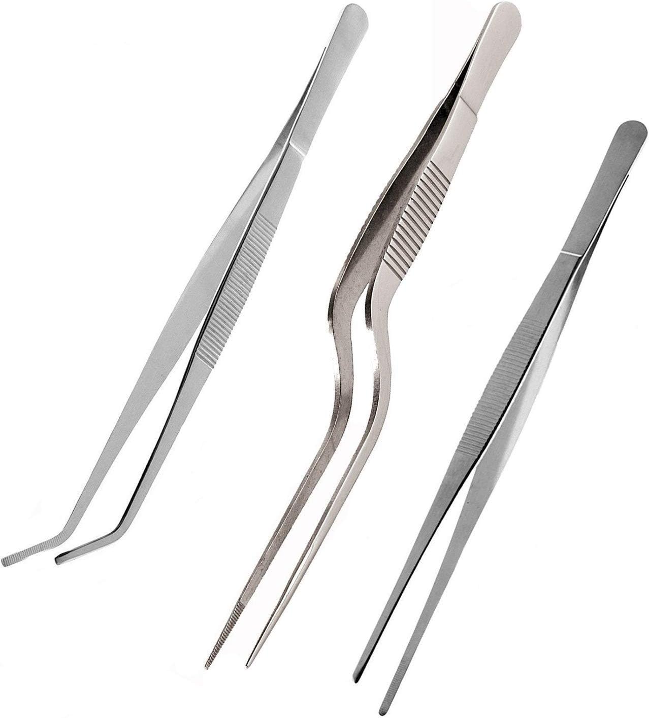 JINGYUAN Tongs Tweezers,Stainless Steel Tongs Tweezer with Chef Cooking Utensils-Precision Serrated Tips-Medical Beauty Utensils-3-Piece Tool Sets
