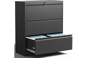 BIZOEIRON 3 Drawer Lateral File Cabinet with Lock, Metal Filing Cabinets for Home Office, Steel Storage Wide File Cabinet for Letter/Legal/F4/A4 Size with Hanging Bars, Assembly Required (Black)