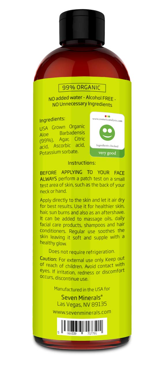 Organic Aloe Vera Gel with 100% Pure Aloe From Freshly Cut Aloe Plant, Not Powder - No Xanthan, So It Absorbs Rapidly With No Sticky Residue - Big 12 oz: Beauty