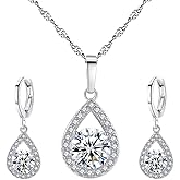 Harlorki 925 Silver Plated Cubic Zirconia Shiny Teardrop Rhinestone Pendent Necklace Dangle Earrings Jewelry Set for Women Lady