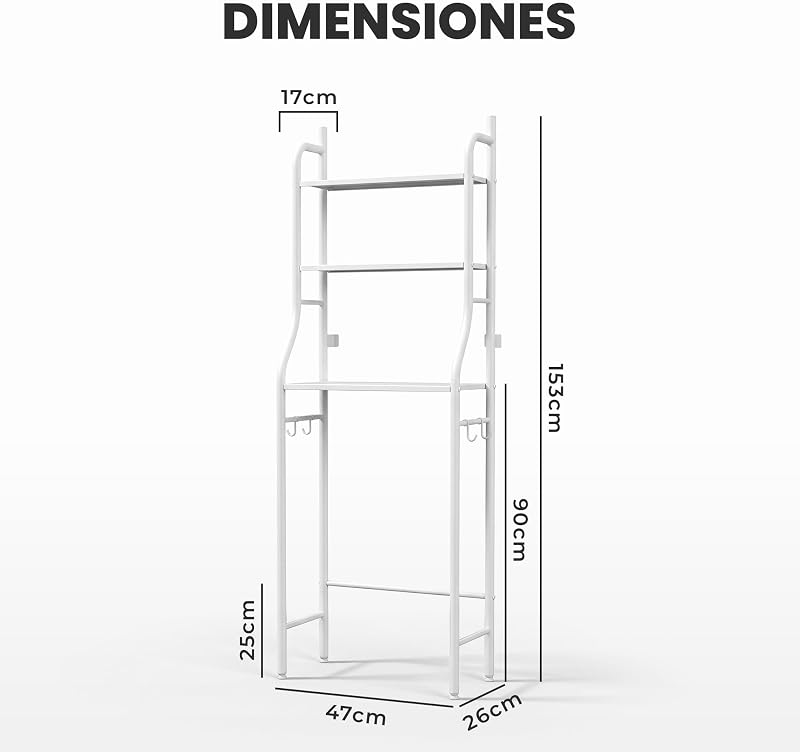 Estanteria Baño sobre Inodoro (47×26×153 cm) – Mueble Baño Auxiliar de 3 Niveles de Metal con Patas Regulables y Soporte Antivuelco, Organizador para Toallas, Lavadora o WC - Blanco — foto 2 de 7