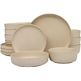Gibson Elite Pasco 16 Piece (Service for 4) Plates and Bowls Double Bowl Reactive Glaze Dishes Stoneware Ceramic Dinnerware Set - Cream