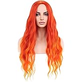 MAGQOO Orange Ombre Flame Fire Wig Long Curly Wavy Ombre Orange Wigs for Women Girls Middle Part Heat Resistant Hight Density Synthetic Wigs