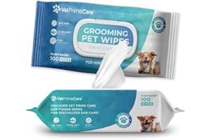 VET PRIME CARE Pet Grooming Wipes for Dogs & Cats, 8” x 8” Plant-Based, Wipes for Cleaning & Deodorizing, Suitable for Pets Body Like Face, Paws, Belly, and Butt, Unscented - 100 Count