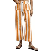 Skoinvb Womens Striped Pants Straight Wide Leg Jeans with Pockets High Waisted Low Rise Trousers Orange 12