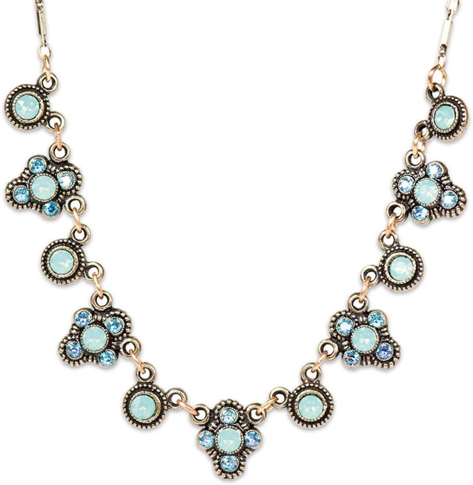 Anne Koplik Pacific Opalescent & Aqua AB Swarovski Crystal Brass Station Necklace