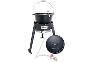 Bayou Classic B159 Cast Iron Fish Cooker Features 8-qt Cast Iron Dutch Oven w/Lid and 5-in Stainless Thermometer 19-in Tall Cooker Perfect For Slow Cooking Stews Gumbo & More