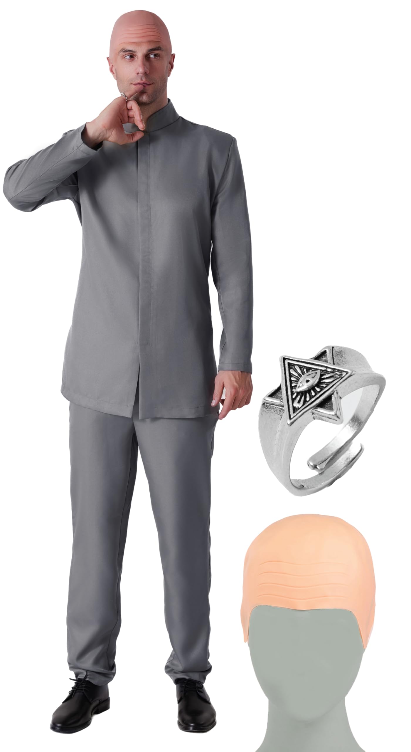 Maxim Party Supplies Men's Evil Mastermind Villain 60s Costume 4 Piece Set with Gray Suit, Bald Cap & Ring for Halloween, Cosplay (Medium)
