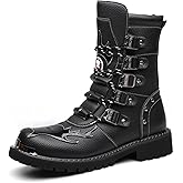 HOUDBDOL Men S Black Genuine Leather Combat Boots Gothic Skull Style Punk Style Motorcycle Boots Thin Strap High Top Combat Boots Suitable For Cycling Parties And Outdoor Activities