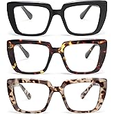prtcslwd 3 Pack Oversized Square Reading Glasses for Women, Blue Light Blocking Stylish Computer Readers