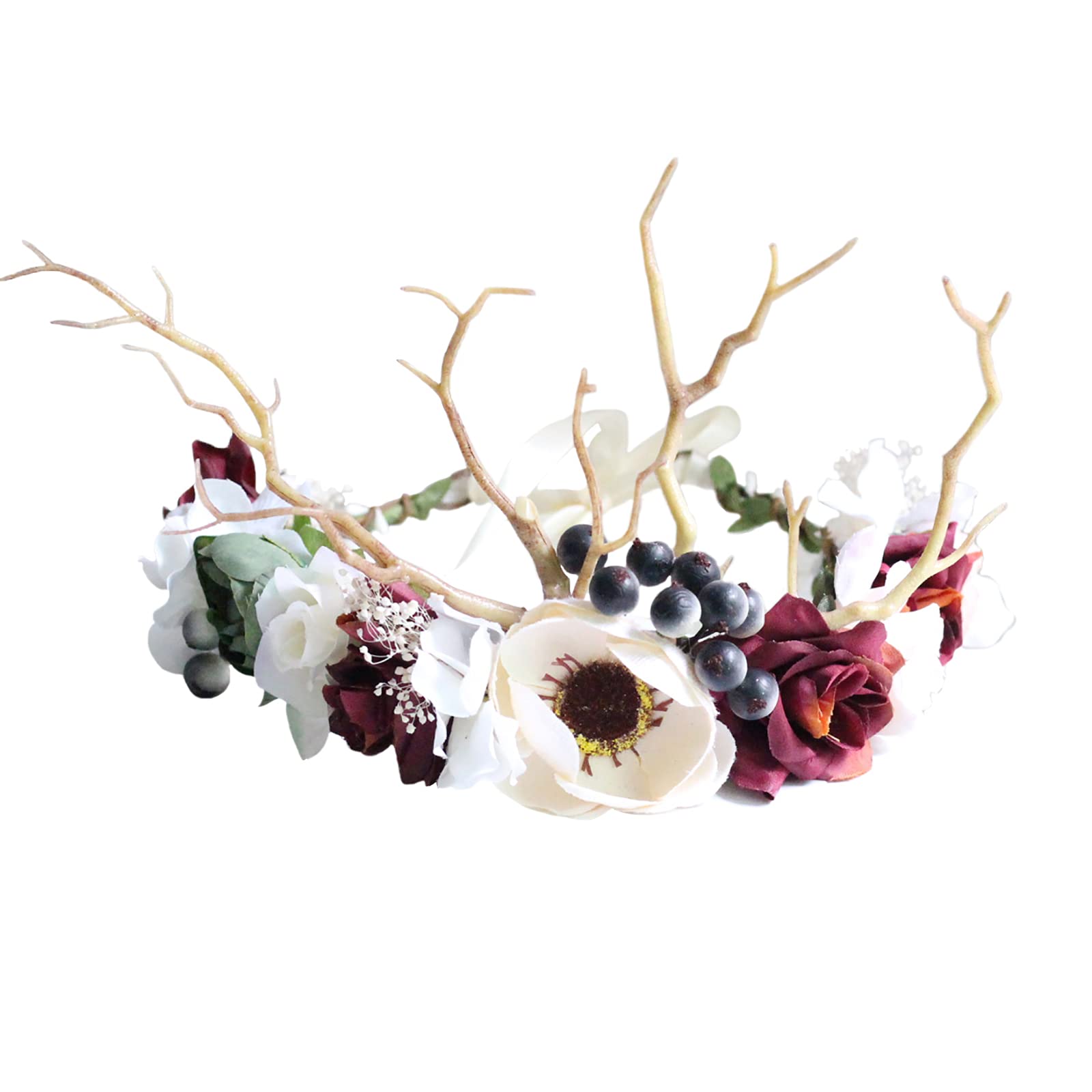 Brikuinr Deer Flower Crown Floral Wreath Headband Hair Wreath Hair Garland Flower Halo Floral Headpiece Boho with Ribbon Wedding Party Festival — image 1