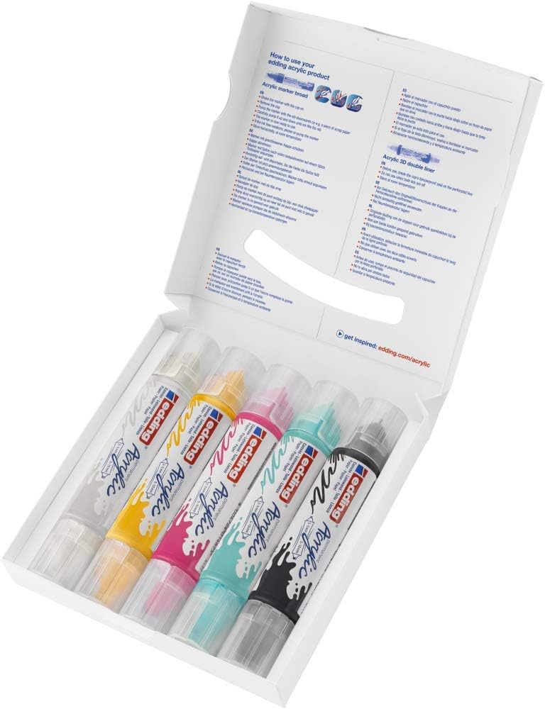 edding 5400 acrylic 3D double liner, black white yellow pink turquoise, acrylic paint Set including 5 tubes (basic) - Image 3