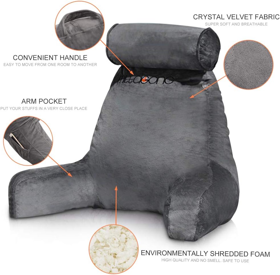 mittaGonG Shredded Foam Reading Pillow with Detachable Neck Roll & Big Bed Backrest Pillow for Bed with Arms and Side Pocket - Perfect for Back Support While Relaxing, Gaming, Reading, or Watching TV: Home & Kitchen