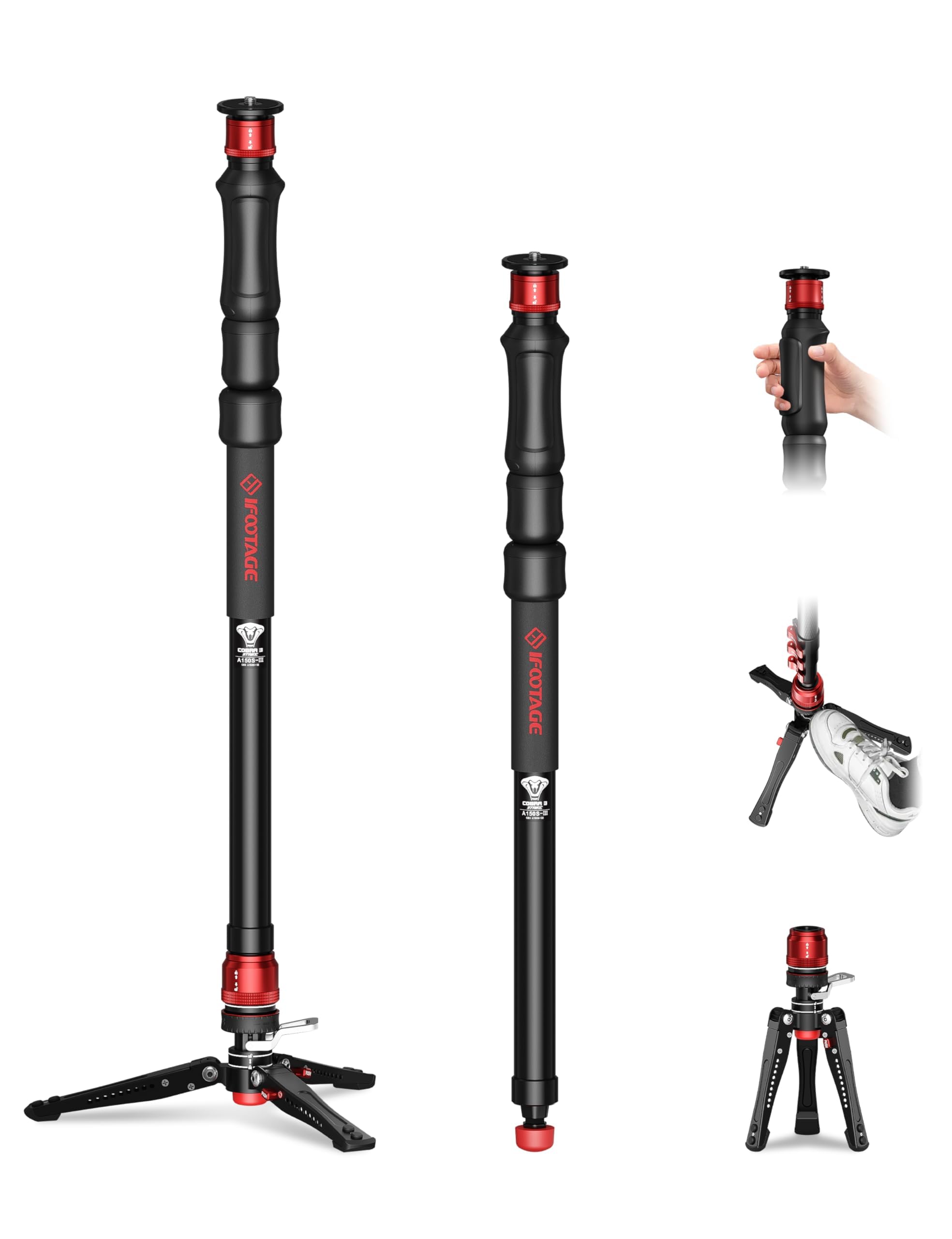 IFOOTAGE Cobra 3 Strike A150S Monopod Camera Stand with Pedal, One-Touch Lifting Quick Release Monopod for Shooting Bird/Animal/Sports Event/Wedding/Live Show, Payload 11lb, 60"/150cm