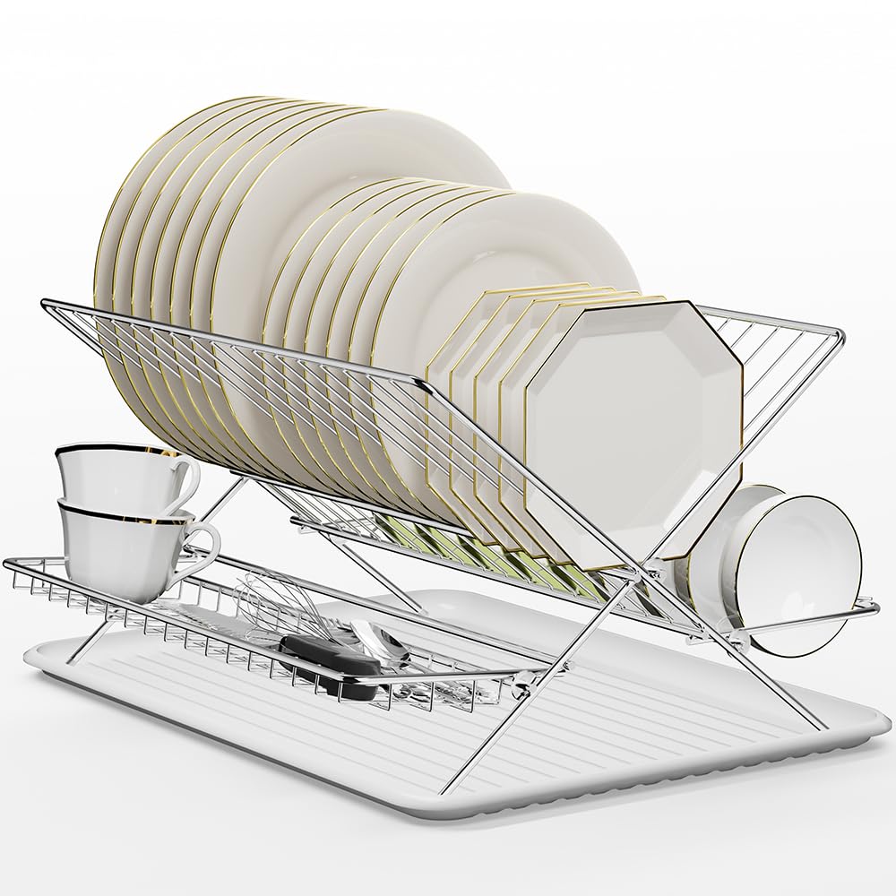 TABABAO Dish Drying Rack with Drip Tray, 3 Tier Collapsible Stainless ...