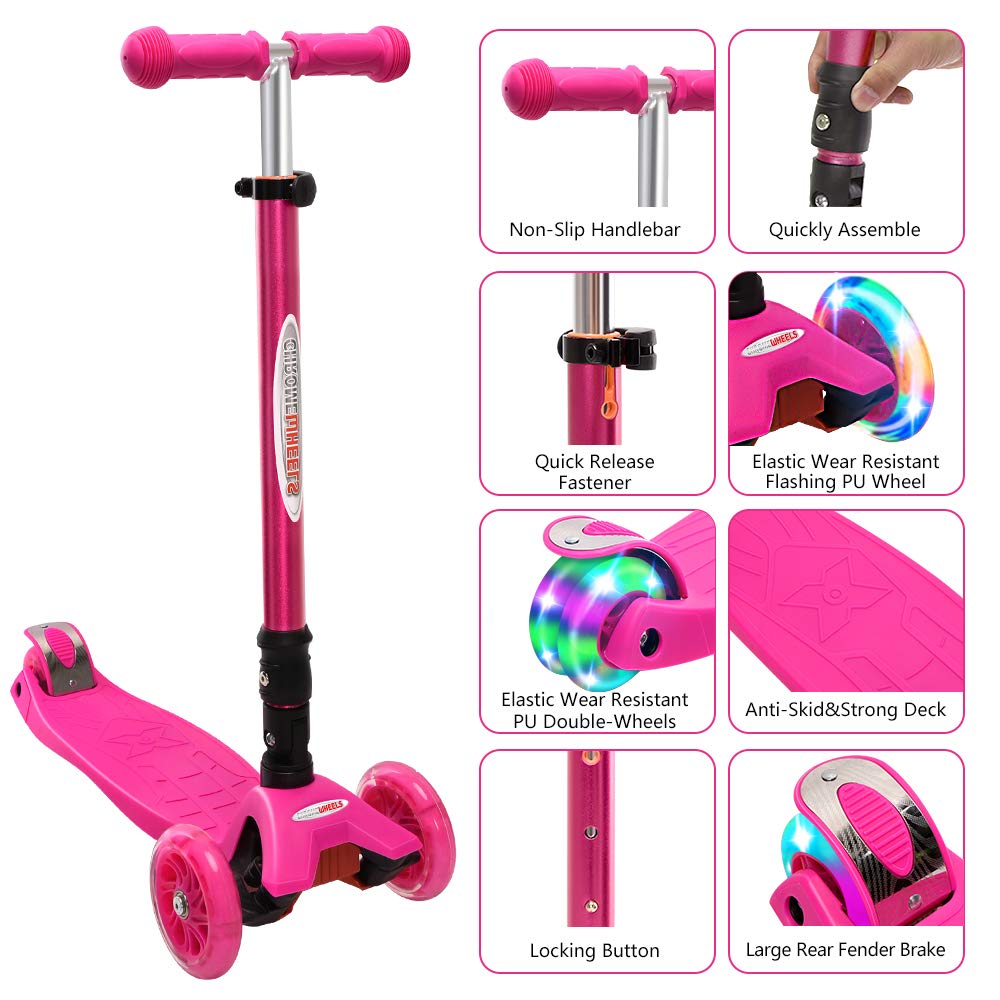 ChromeWheels Foldable Scooters for Kids, Deluxe Kick Scooter 4 Adjustable Height 132lbs Weight Limit 3 Wheel, Lean to Steer LED Light Up Wheels, Best Gifts for Girls Boys Age 3-12 Year Old