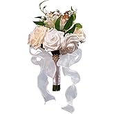 LEIFENY Wedding Bouquets for Bride, Champagne & White Bridal Bridesmaid Flower with Silk Ribbon, Artificial Toss Rose for Civil Ceremony