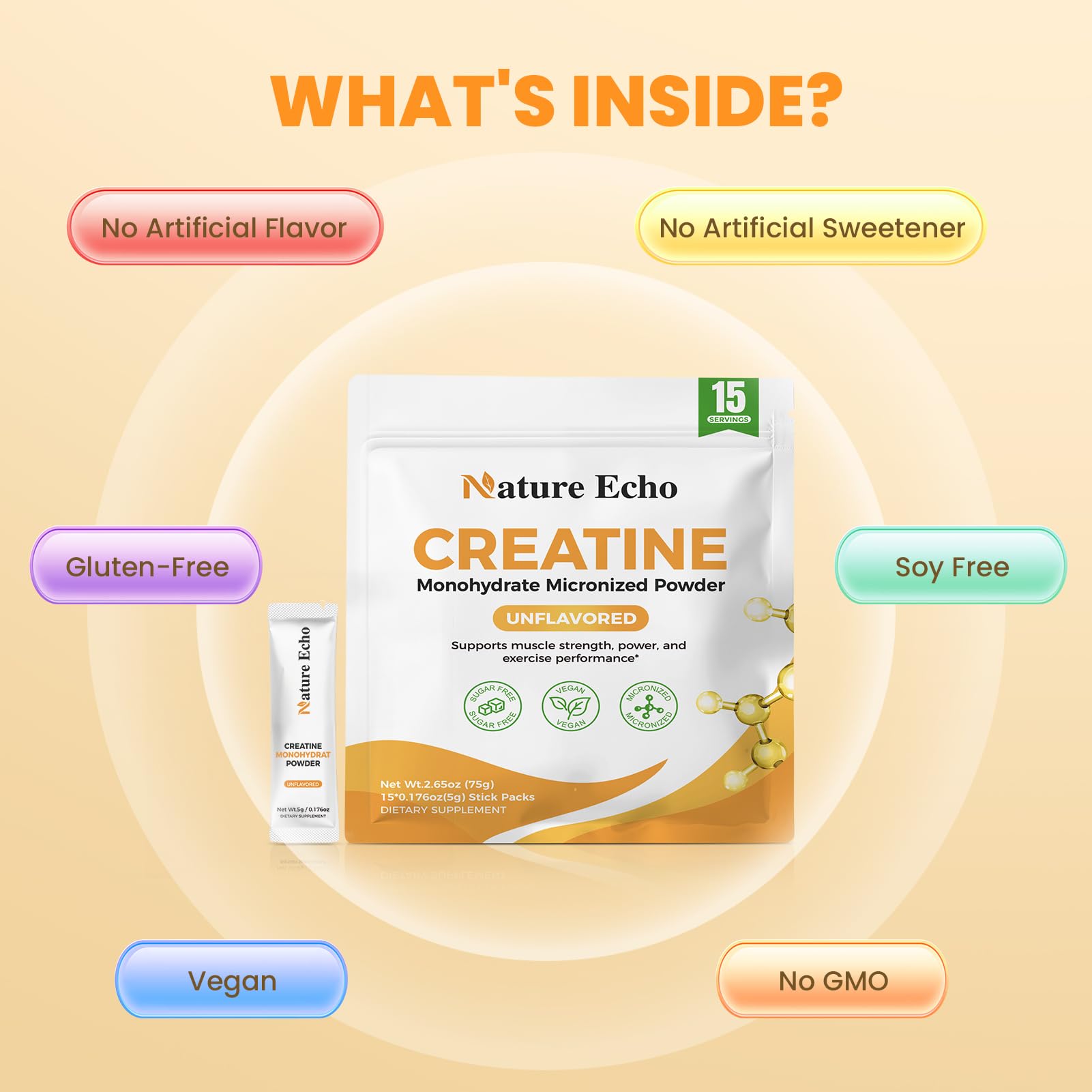 Nature Echo Creatine Monohydrate Micronized Powder - 15 Single-Serve Travel Packs 5g - Clean, Unflavored Creatine for Men & Women to Muscle Growth, Vegan, Gluten-Free, no Sugar