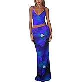 ksotutm Maxi Skirt Set Floral Print Halter Top Maxi Skirt Sexy Going Out Outfits for Women