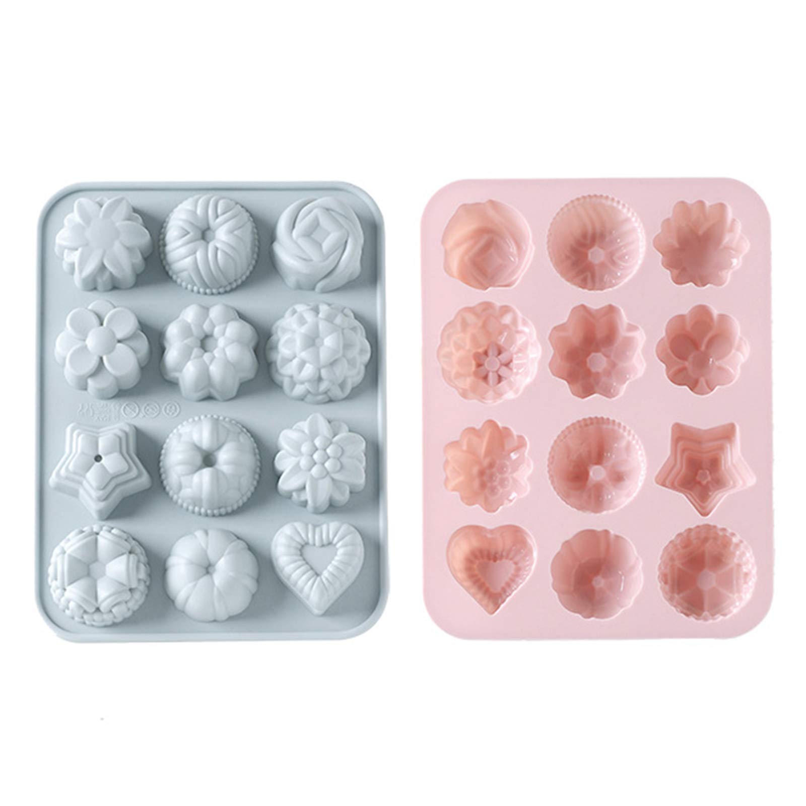 2PCS Cake Molds, Silicone Flowers Moulds, 12-Cavity Forms Baking Silicone Molds, for Cake Cookie Candy Making Chocolate Ice Cube Jelly Pudding (Pink, Gray-Blue)