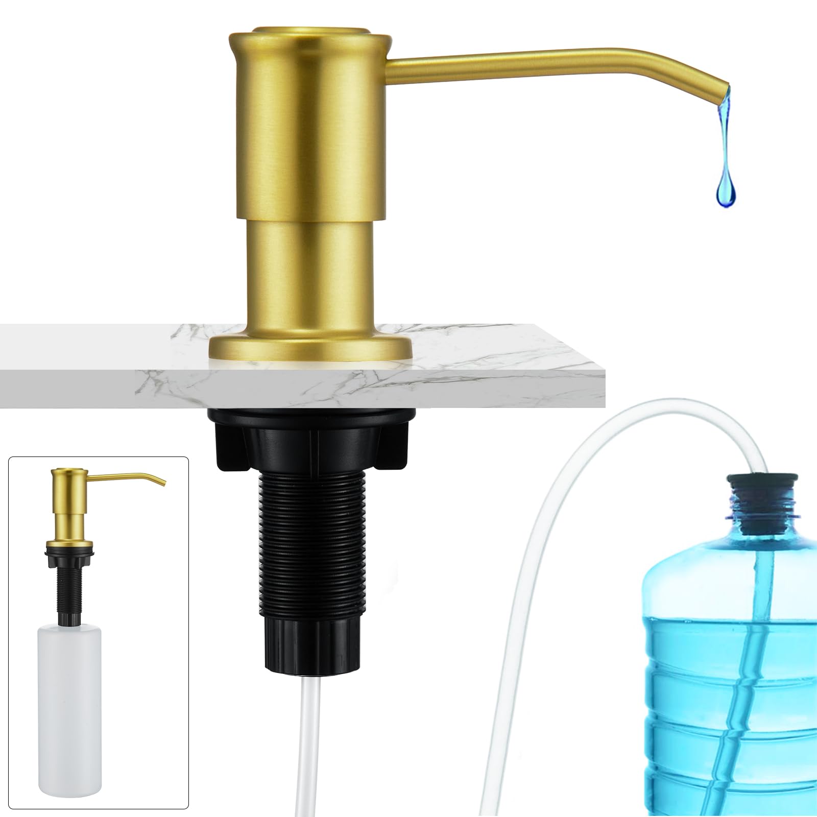 CREA Kitchen Soap Dispenser with 17 OZ Bottle and 39" Extension Tube - Brushed Gold