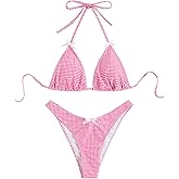 GORGLITTER Women's Gingham Bikini Set Cute Bow High Cut Thong Halter Triangle Cheeky Vacation Swimsuit Bathing Suit
