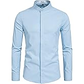 VANCOOG Men’s Banded Collar(Mandarin Collar) Long Sleeve Casual Solid Fancy Dress Shirts