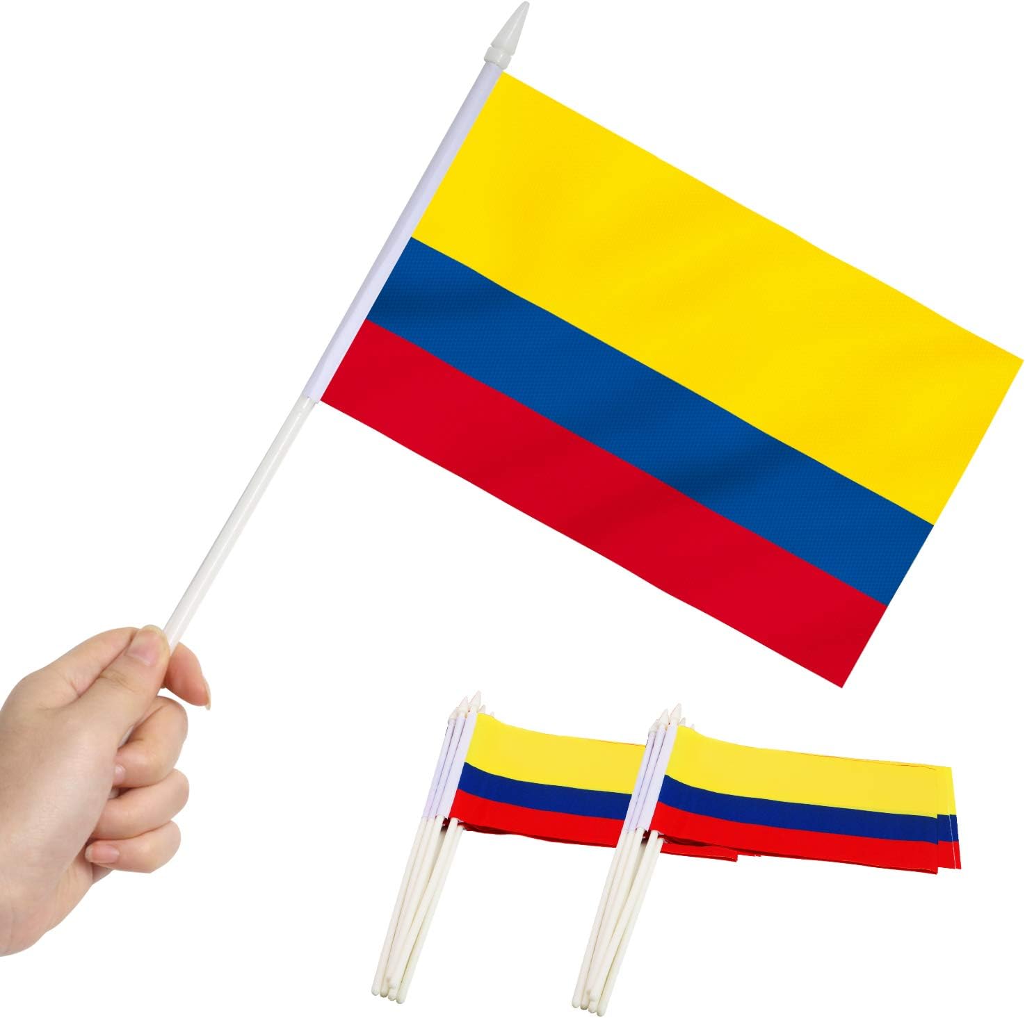 Flags - Anley Colombia Mini Flag 12 Pack - Hand Held Small Miniature Colombian Flags on Stick - Fade Resistant & Vivid Colors - 5x8 Inch with Solid Pole & Spear Top