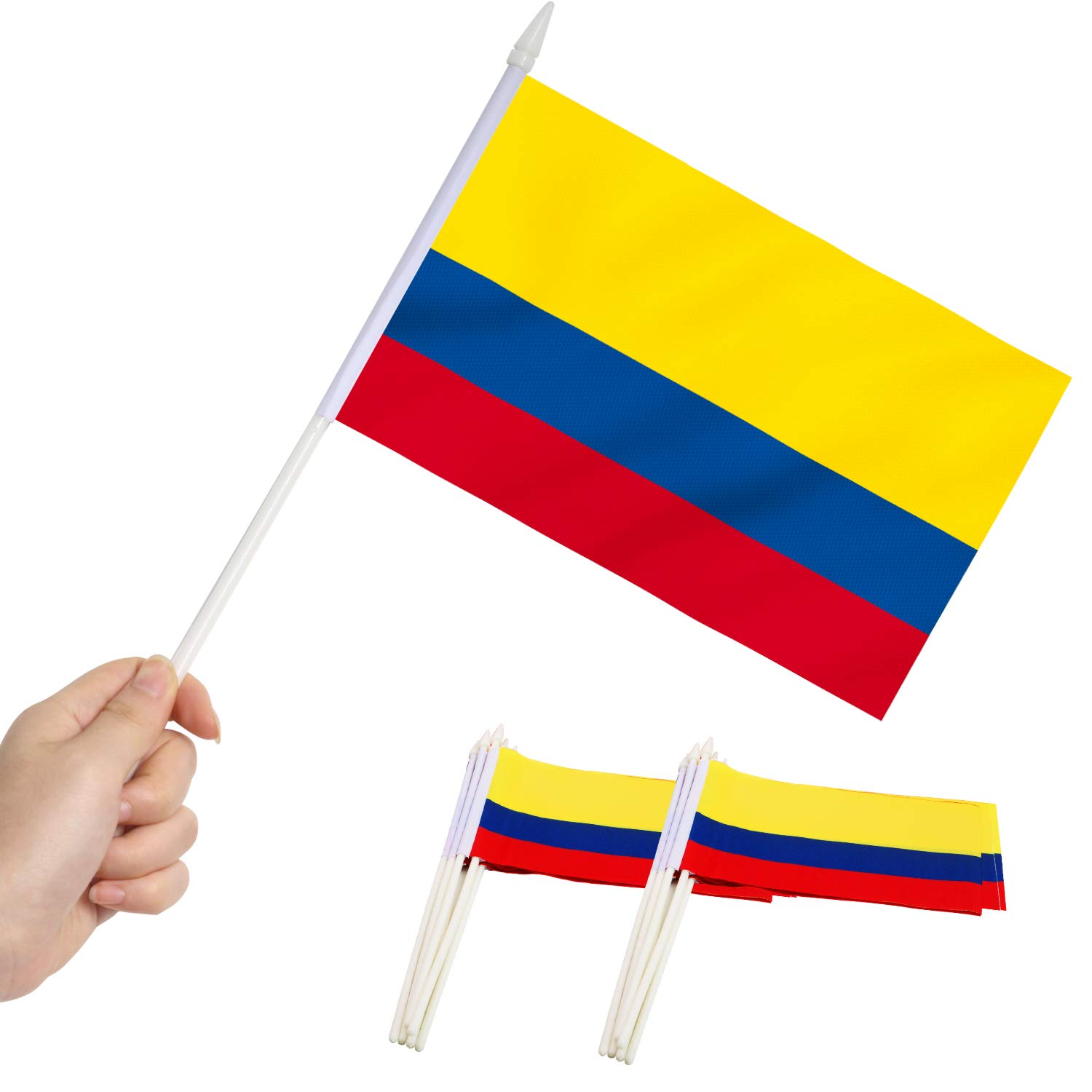 Anley Colombia Miniature Flag - 5" x 8" Mini Colombian Flags Fade Resistant & Vivid Colors - 5x8 Inches Handheld Stick Flag with 12" White Solid Pole & Spear Top(1 Dozen) โ image 1