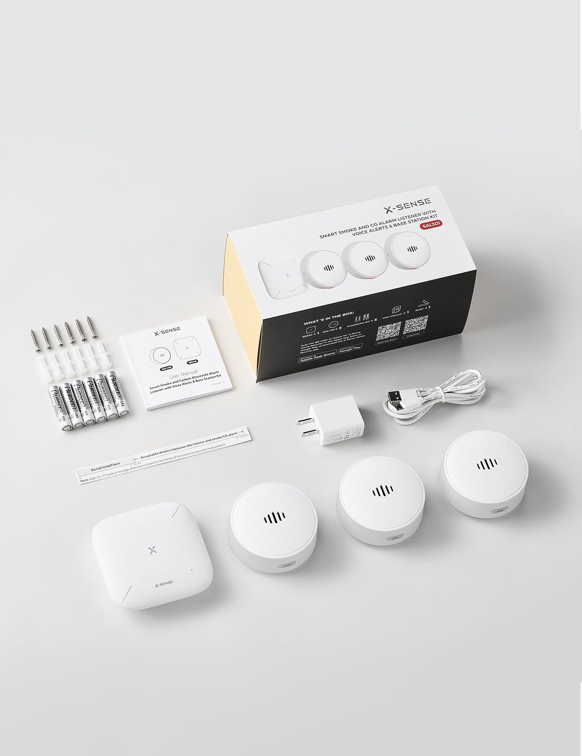X-Sense Wi-Fi Alarm Listener Kit with Voice Location, Real-Time Notifications, Works with All Smoke Detectors and Carbon Monoxide Detectors, 3 Listeners & 1 Base Station, Model SAL301