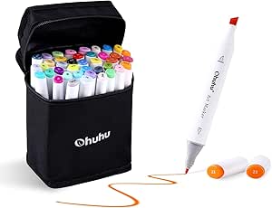 Ohuhu Markers Alcohol Based Double Tipped Art Markers for Kids, Adults Coloring Drawing Illustrations, 40 Unique Colors + 1 Colorless Alcohol Marker Blender + 1 Marker Case, Chisel &amp; Fine Dual Tips