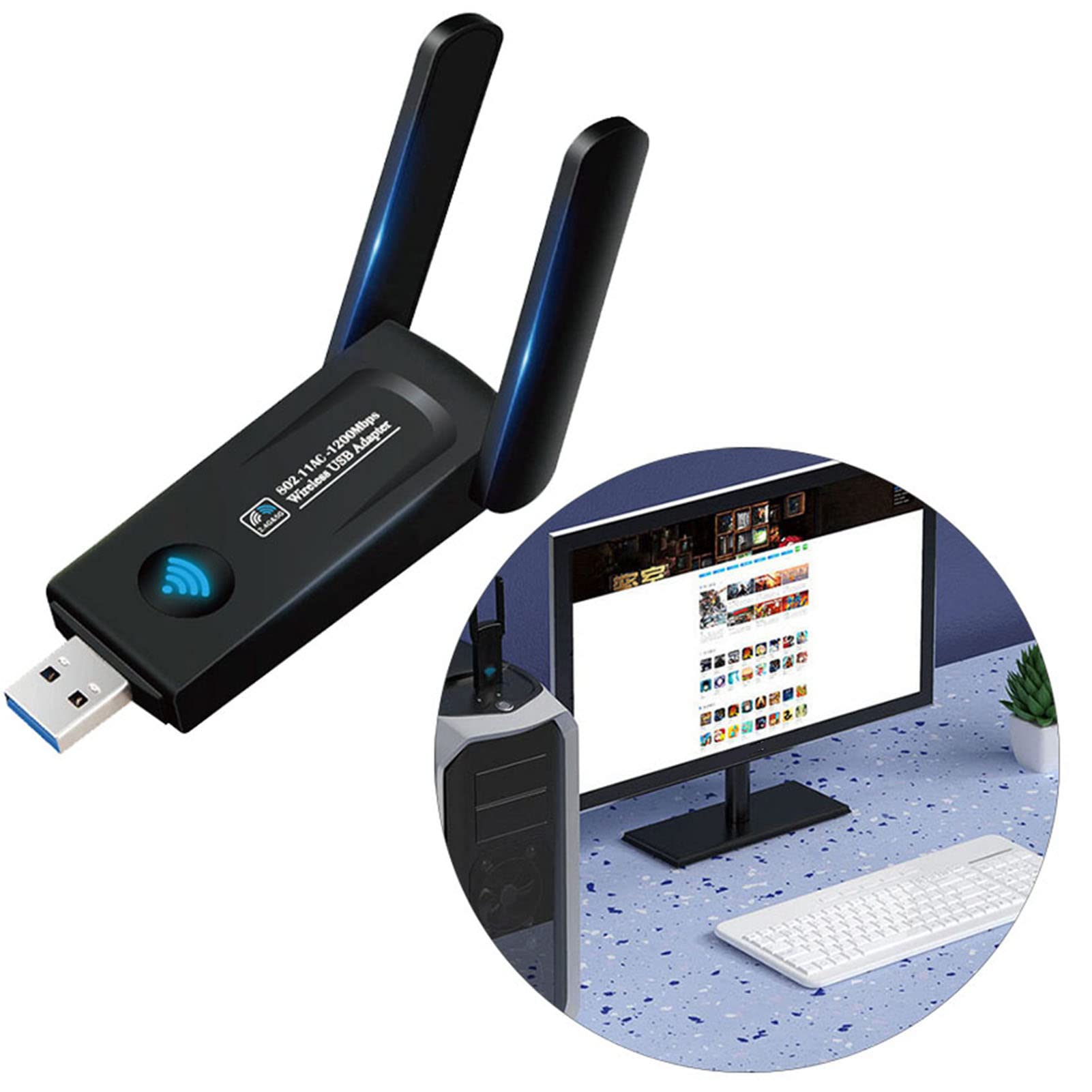 1200M Dual Band WiFi Adapter USB3.0 Interface, Plug and Play USB Network Card, 2.4GHz/5GHz Dual Band, Portable, PVC and Metal Material