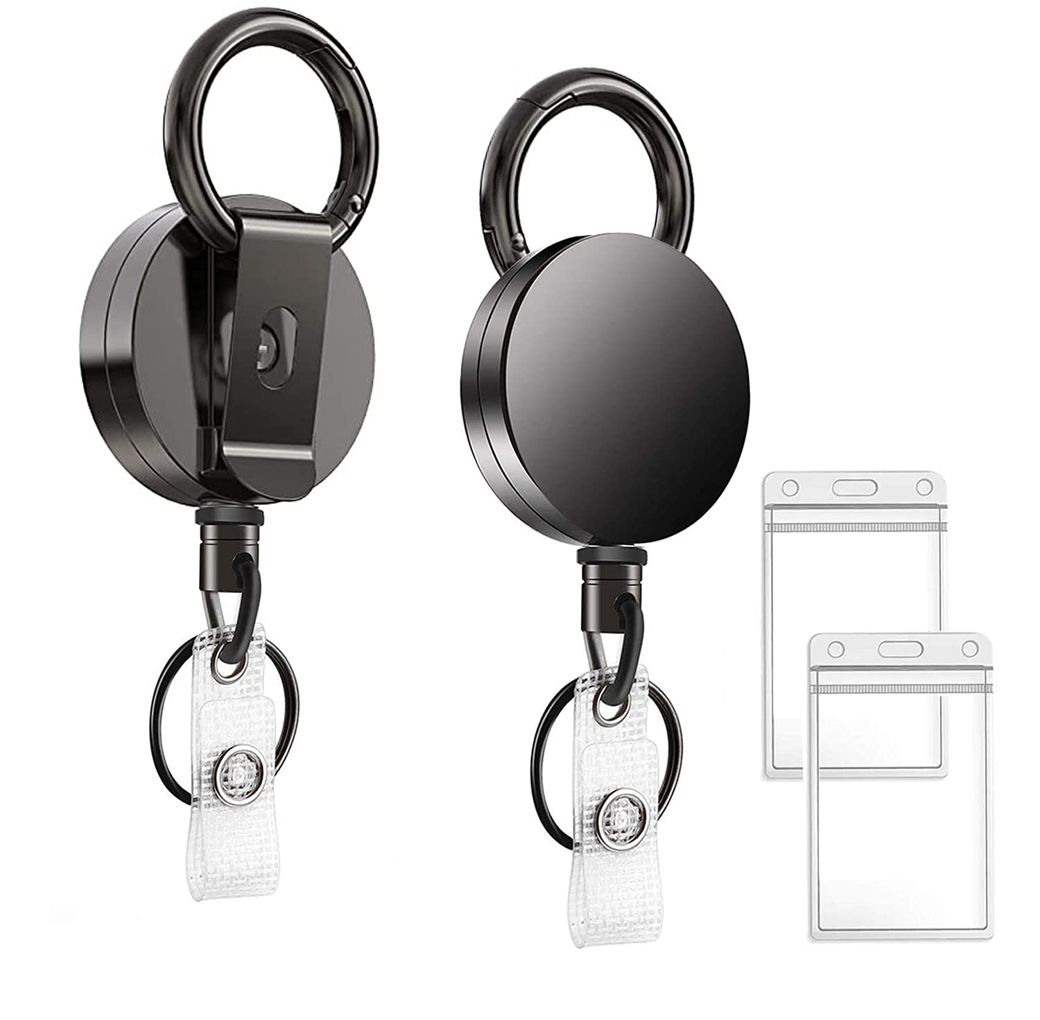 Retractable Badge Holder Key Reel, Bwealth 2 Pack Heavy Duty Metal ID Badge Holder with Belt Clip Key Ring for Name Card Keychain (2 Pcs Small Round)