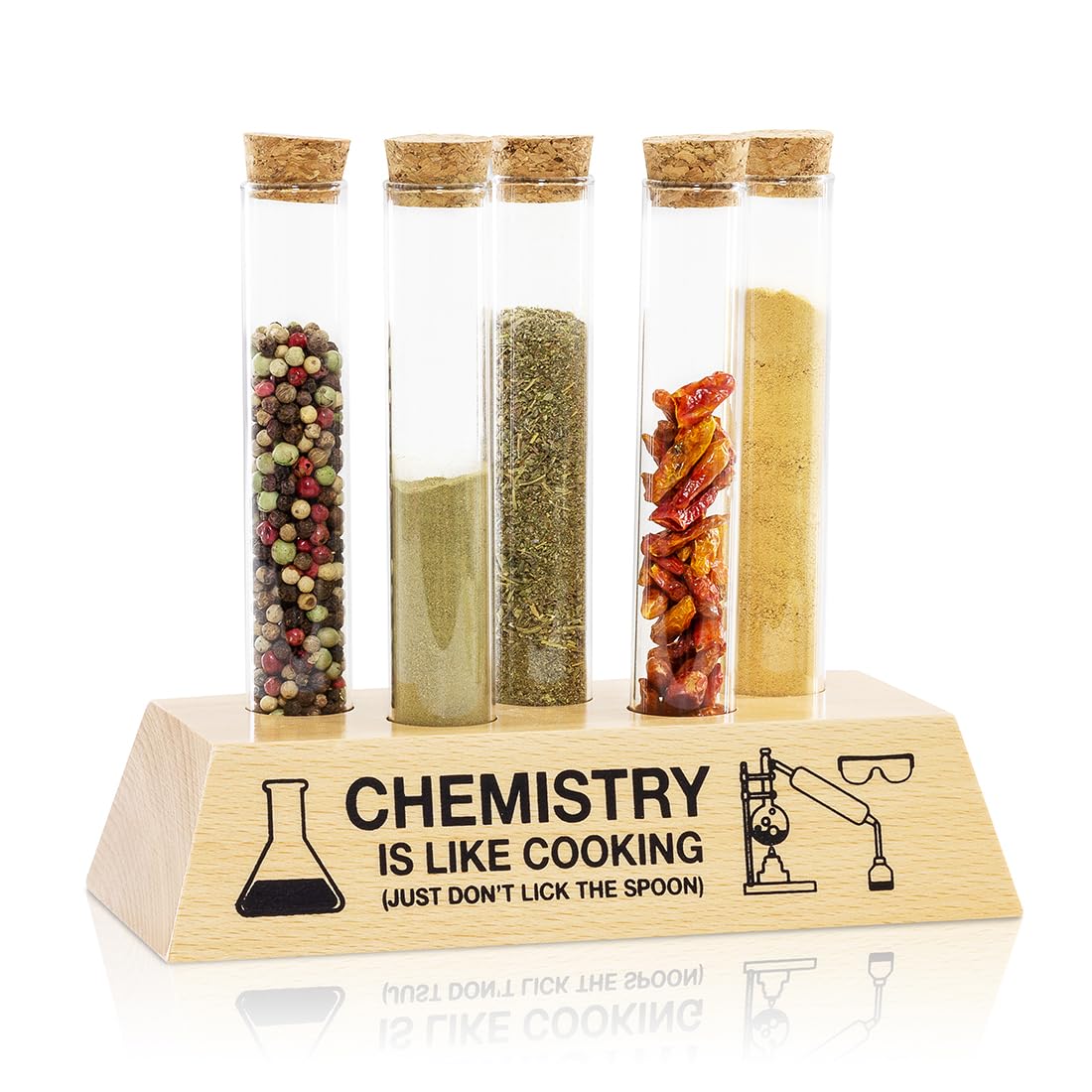 getDigital Test Tube Spice Rack Set - Science Kitchen Storage Containers for Spices and Herbs, including 5 Glass Test Tubes with Cork Stoppers and a Wood Base