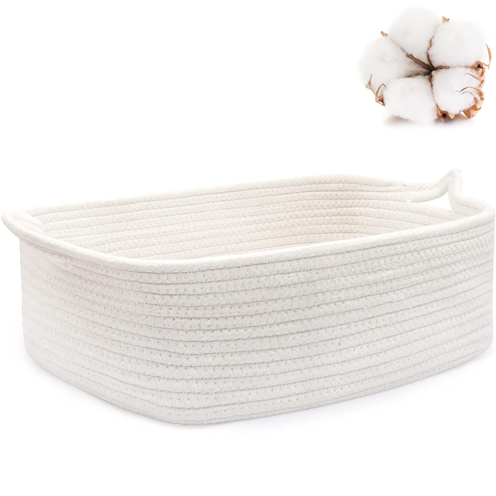 Photo 1 of ABenkle Small Storage Basket with Handles, Cotton Rope Woven Dog Cat Toy Bin, Decorative Shelves Closet Organizing for Nursery Laundry Bedroom, 14.2''x 11''x 5.1''