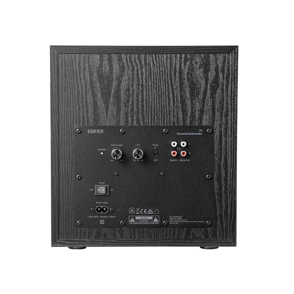 Edifier T5 AKTIV-SUBWOOFER – 8-Zoll-Tieftöner – 70 Watt – Low-Pass-Filter – Frequenz einstellbar bis 38Hz – MDF-Gehäuse für reduzierte Resonanz – Standby – Cinch-Anschlüsse – Zeitloses Design 6