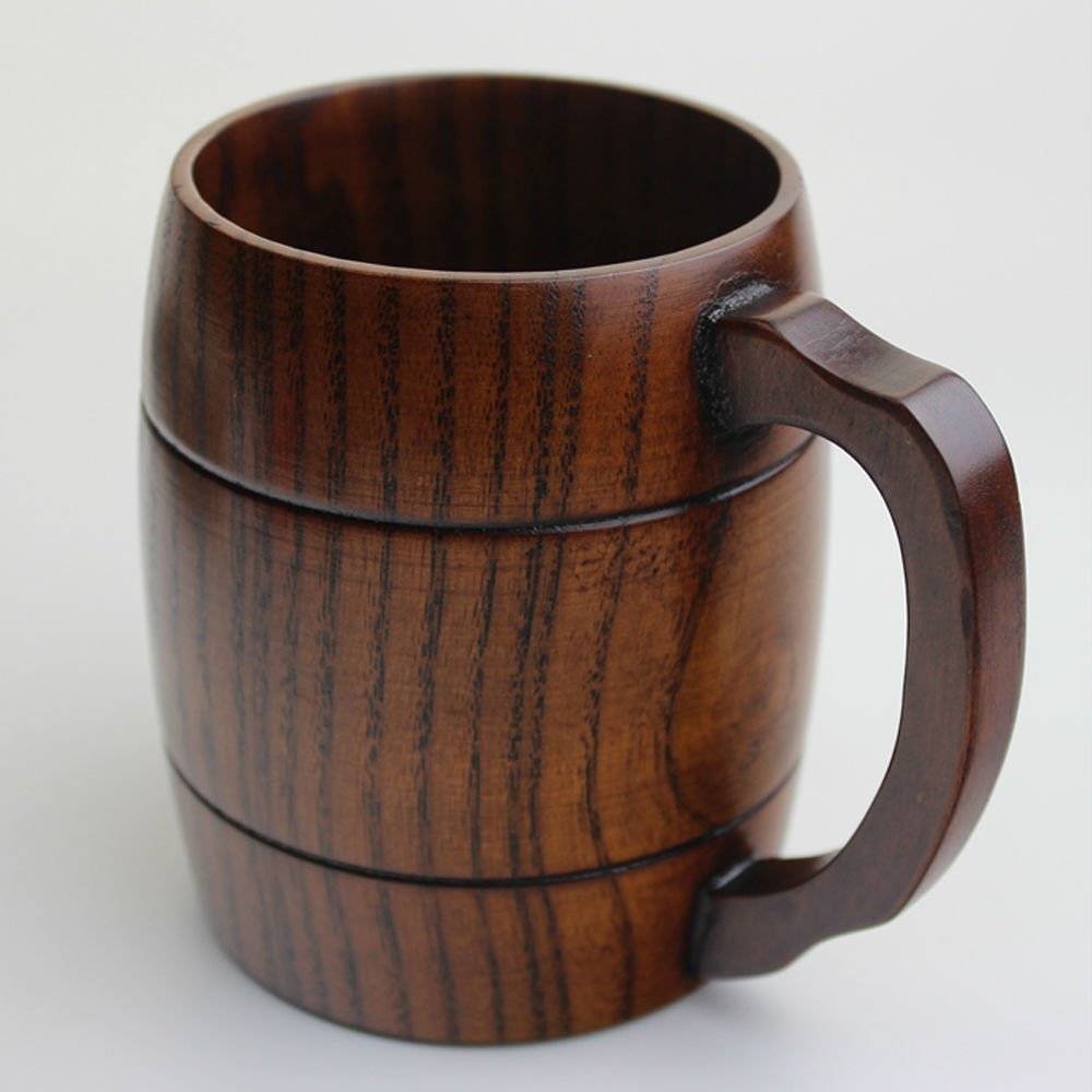 Sanmum Wooden Beer Mug, Retro Wood Tea Cups Drinking Mug with Handle Wood Tankard Beer Mug (1pc)