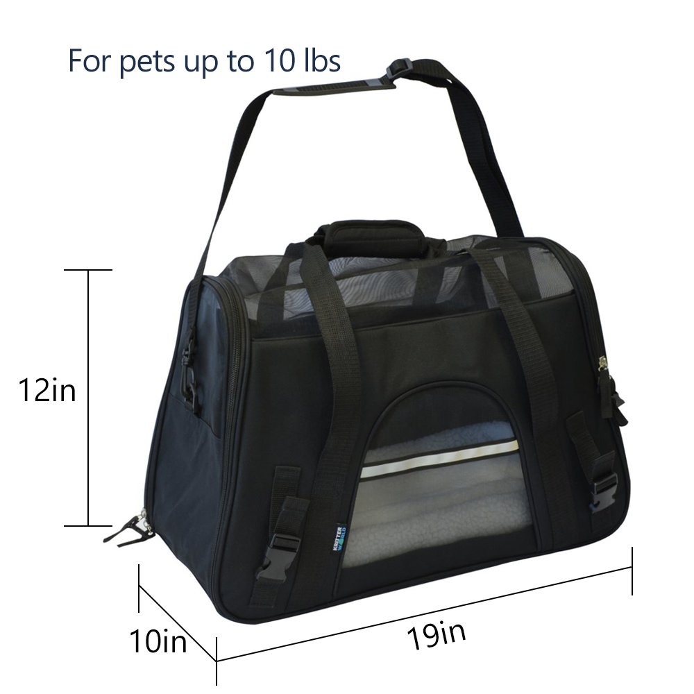 KritterWorld Soft Side Pet Carrier Travel Bag for Small Dogs and Cats Airline Approved | Removable Sherpa Lining Bed, Safety Buckle Zippers, Seat Belt Buckle Included by Black