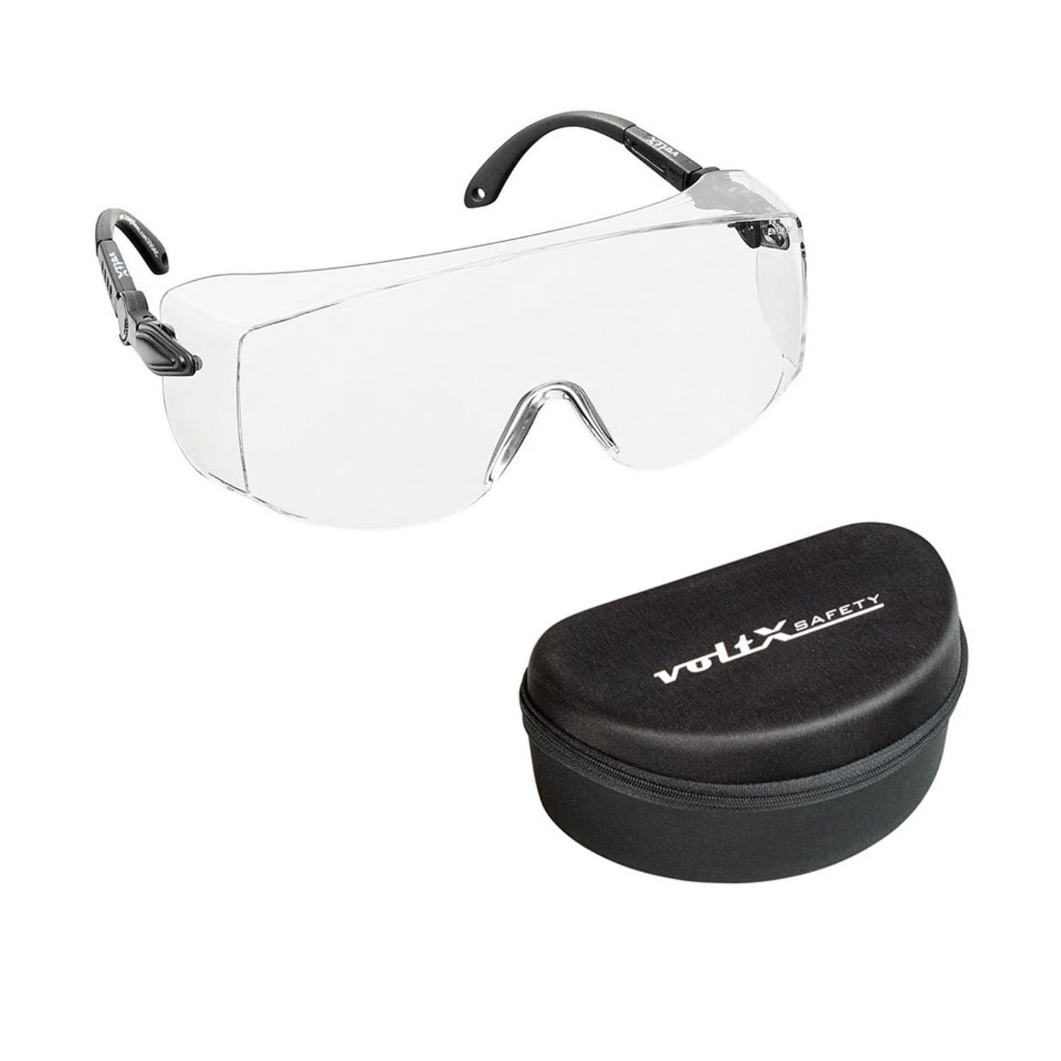 voltX 'OVERSPECS' Large Size, Industrial Safety Over Glasses with case - UKCA & CE EN166f certified (Clear Lens) - individually adjustable temples - antifog, scratch resistant, UV400 protection