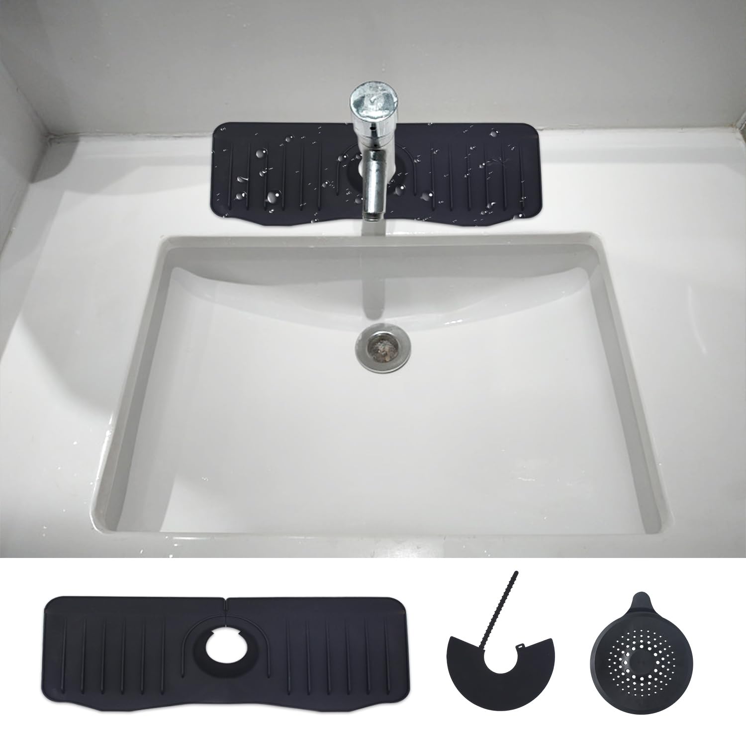 1 Wasserhahn-Pad, 1 Wasserdichte Einfassung Und 1 Filter, Drainage-Pad, Silikon-Pad-Ablage, Spülbeckenschutz, Geeignet Für Küche Und Bad (Schwarz)