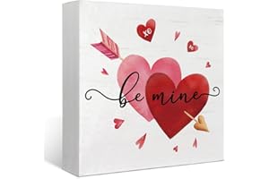 Mtrgdn Valentines Day Decor Wood Box Sign,Be Mine Romantic Heart Valentines Gifts Wooden Box Sign Block Plaque for Wedding Anniversary Home Office Coffee Bar Shelf Desk Indoor Decor 5x5 Inch