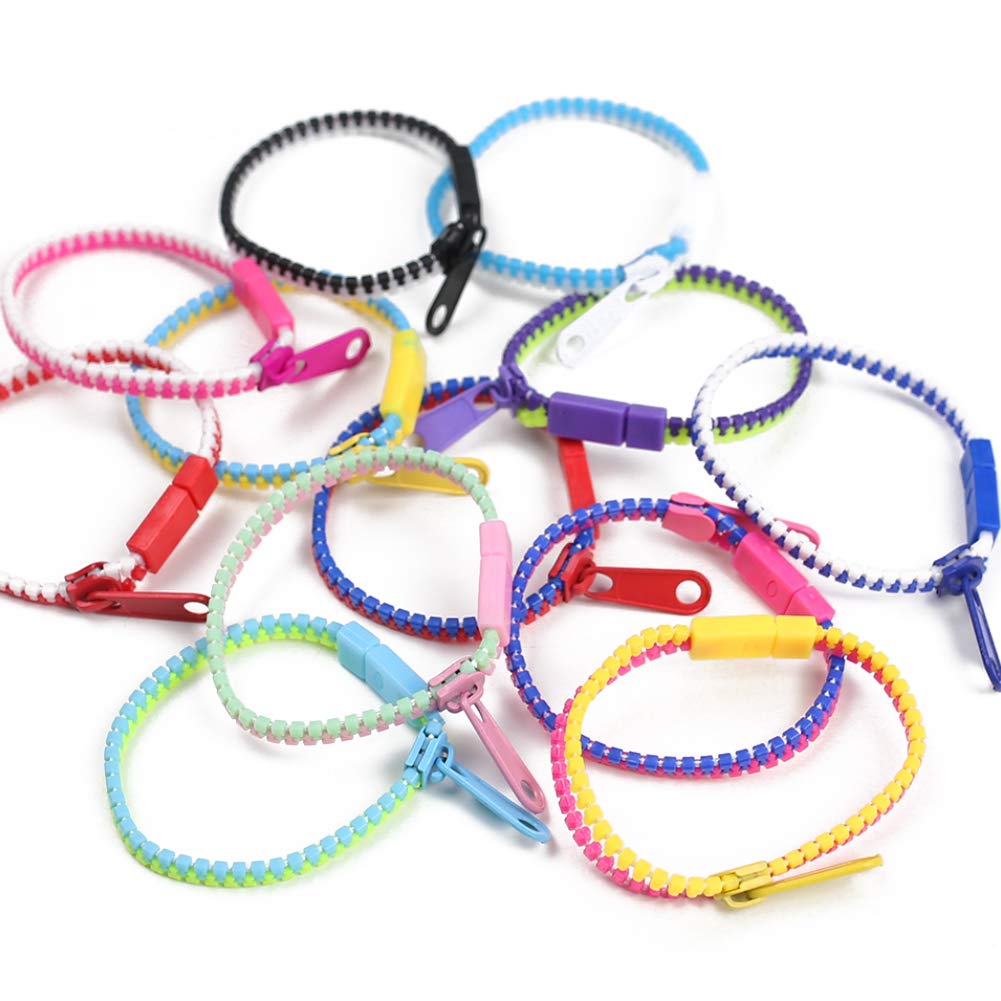 LovesTown 55pcs Mixed Color Friendship Violin Zipper Bracelets, 7.5 Inches Fidget Bracelet Neon Friendship Bracelets Zipper Toy Party Favors for Kids